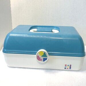 Vintage Caboodles Makeup Case 3 Tier Teal/White Travel Vanity Mirror